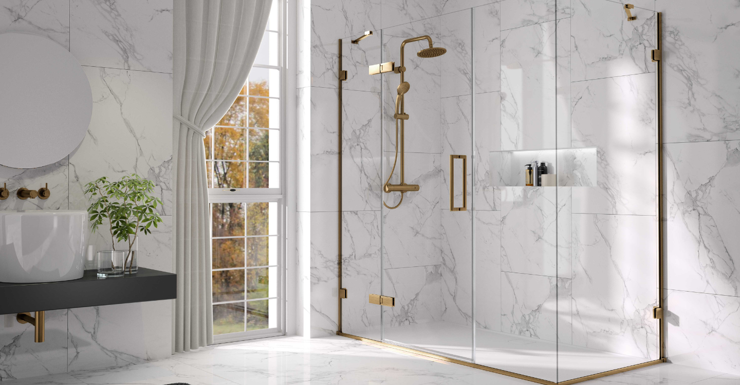 Arysto Colour Hinge Door and 2 Inline Panels with Side Panel in Brushed Bronze